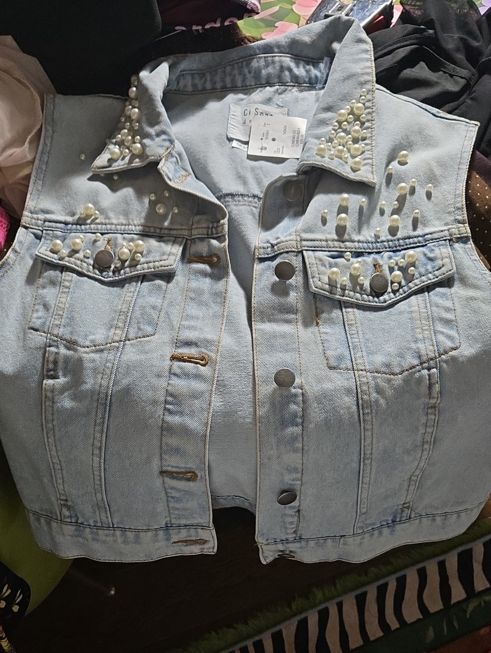 Light Blue Pearl-Embellished Denim Vest - Women